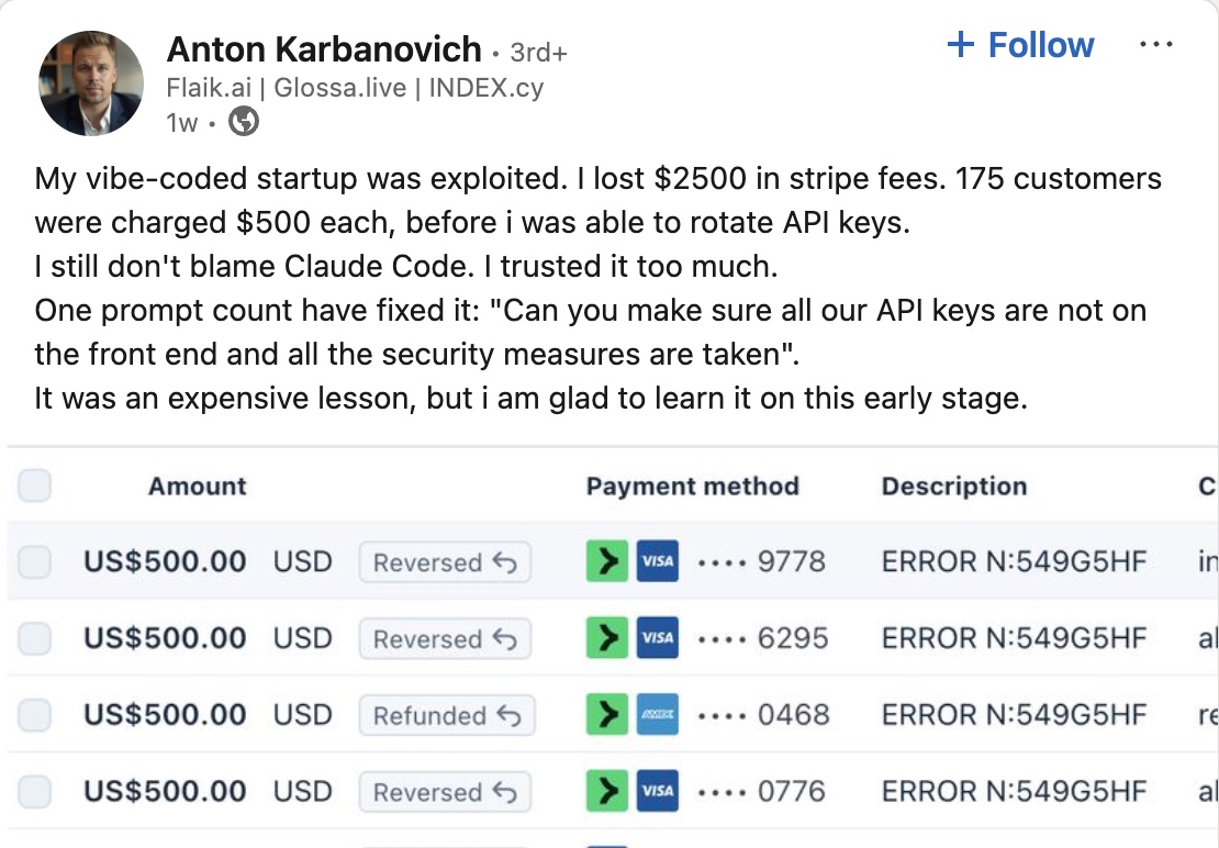 Скриншот поста на LinkeIn о том, как было влзломано приложение написанное ИИ без оценки со стороны владельца бизнеса