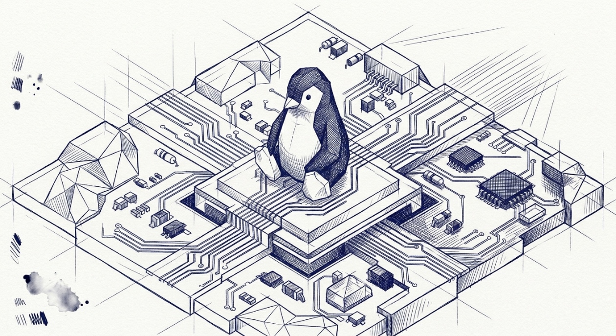 Cover Image. 3D Low-Poly Sitting Penguin on Tech Circuit Board Landscape.
