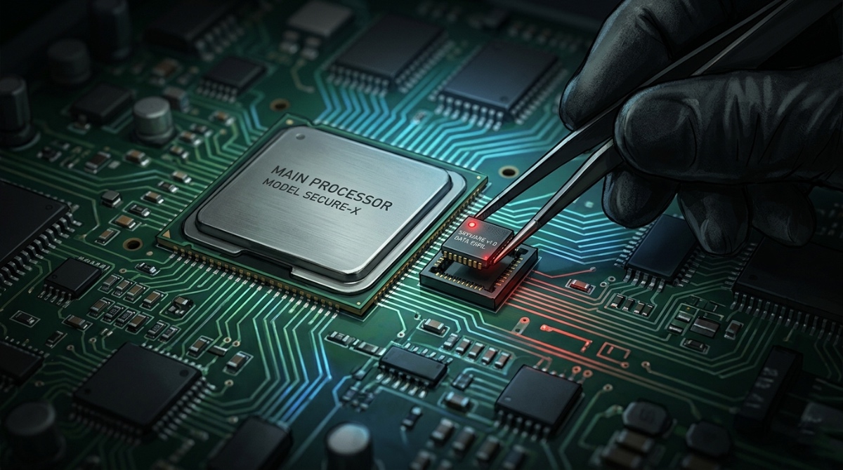 A close-up illustration of a small rogue chip soldered onto a circuit board among legitimate components.